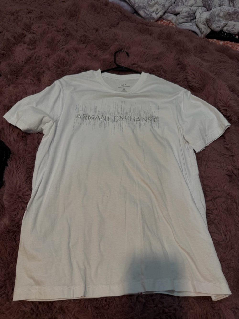 Armani Exchange White Short-Sleeve Logo Tee with Subtle Silver Graphic